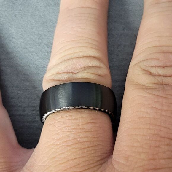 Black Wire Cable Inlay Wedding Band Promise Ring - Picture 2 of 4